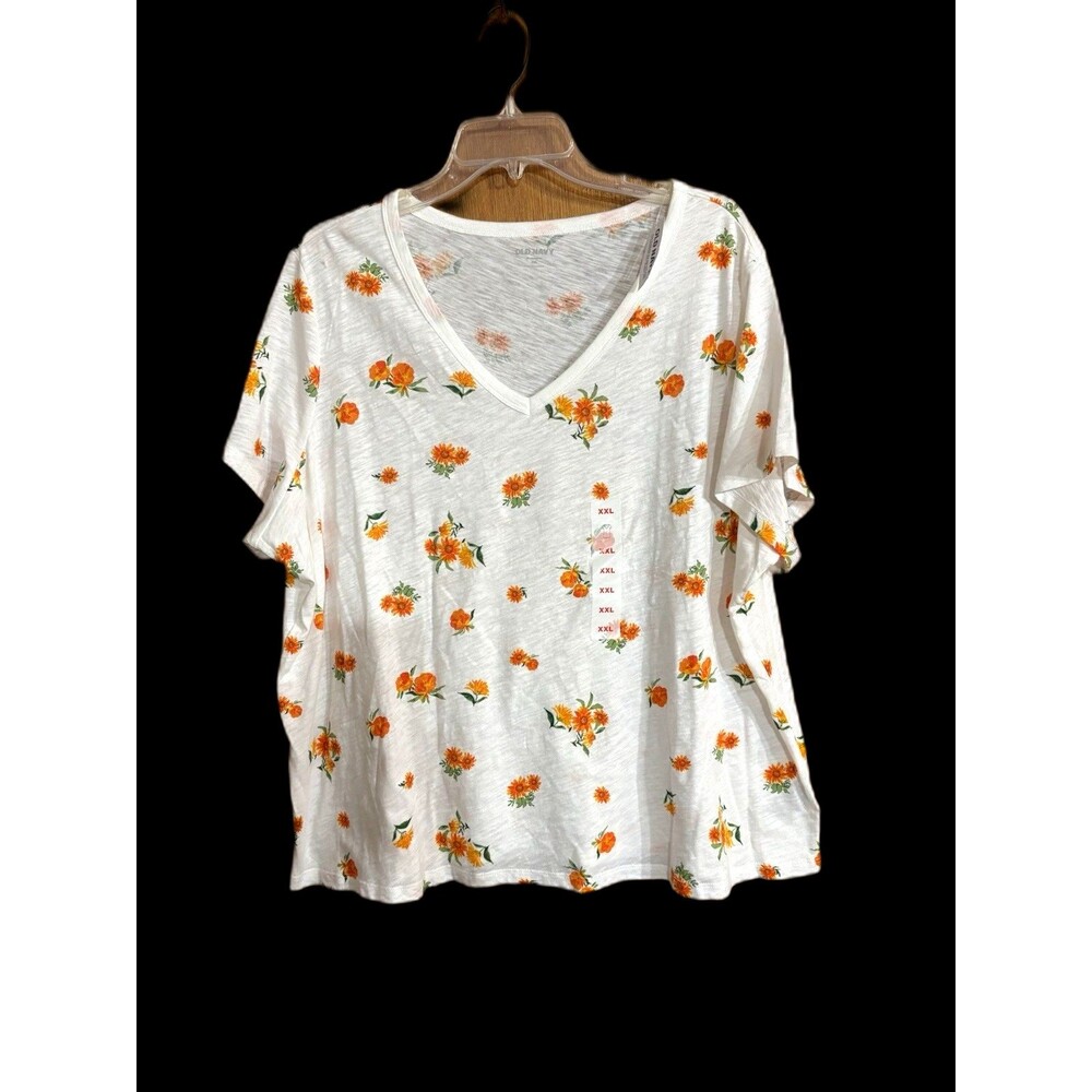 NWT Old Navy 2 XL 100% Cotton V Neck Casual Tee White floral